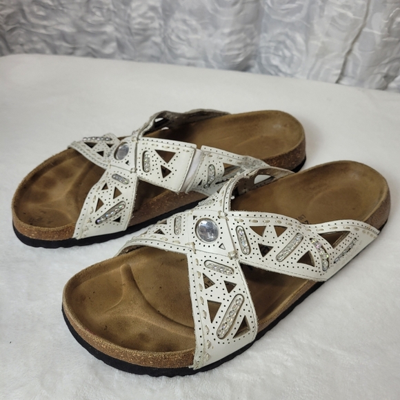 BETULA By Birkenstock Rhinestone Jewel Embellished Leather White Sandals S 10 - Picture 1 of 10